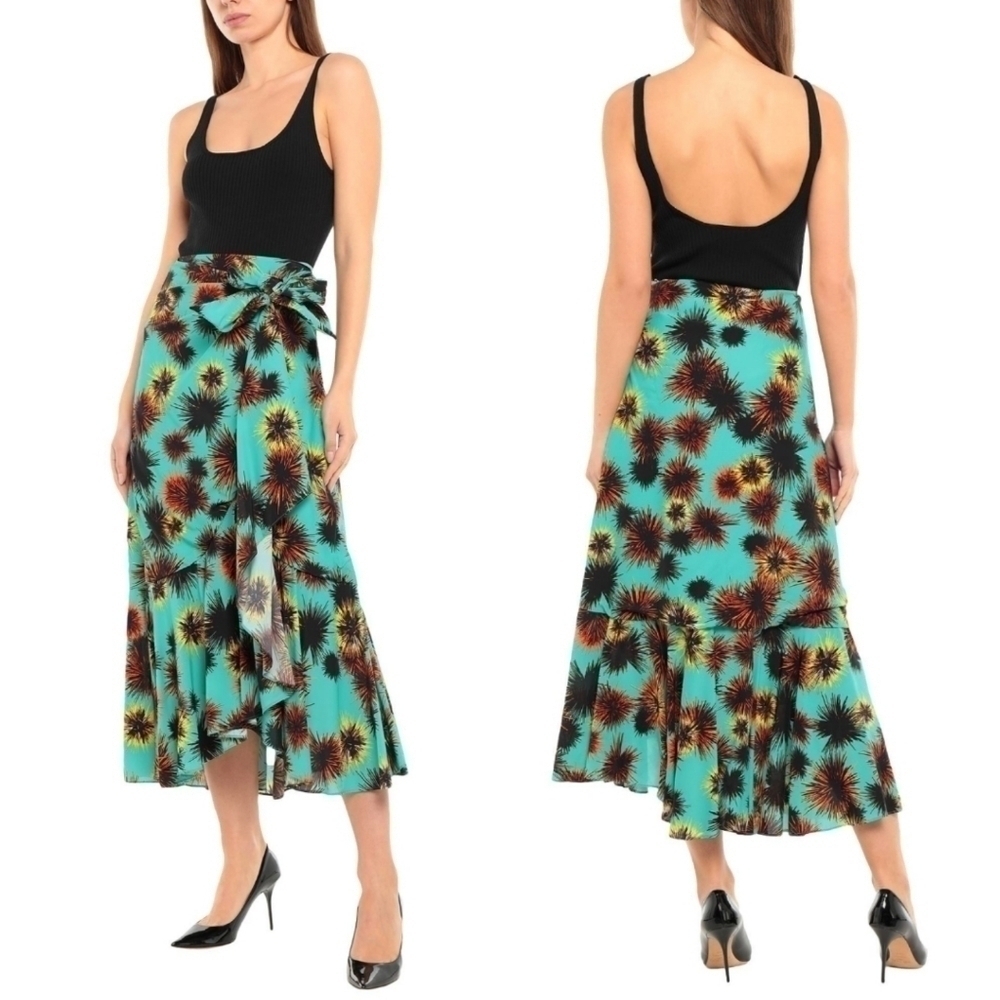 New KENZO Ruffled Printed Crepe De Chine Jade Midi Wrap Skirt NWT 34 FR/2 US/ XS